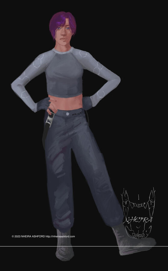 A full body portrait of a character that's wearing a racing/sports themed outfit. She's got magenta colored hair and her skin is a dark caramel with warmer tones. Her hands are resting on her hips, a blank expression on her face.