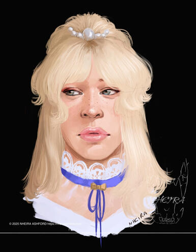 A digital rendering of a blonde girl wearing a lace collared top. She has blue eyes and is wearing a peachy colored lipgloss. In her hair is a pearl pin, consisting of five pearls total; four small, a large one in the center.