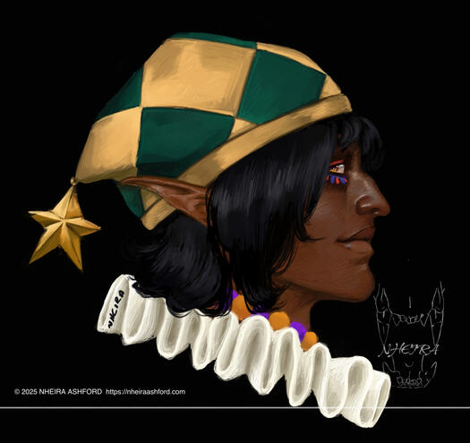 A digital painting of a jester themed character, complete with a green/yellow checked jester hat and white ruff. They have nearly jet black hair with desaturated blue tones used for highlights. They're pictured in a side profile. Their eyes mimic that of a