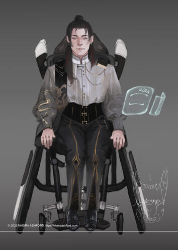 A digital painting of a man sitting in a wheelchair. He wears a high collared shirt that has gold decoration on one arm. The sleeves are gradient/ombre styled, darkening past the elbows. His trousers and corset are detailed with gold embellishments, more g