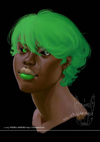 A digital painting of a short haired woman who is looking at the viewer. She is posed in a 3/4th profile angle and her head is tilted back just slightly. She has a head of lime green hair that drapes over her forehead and makes little curls down by her nec