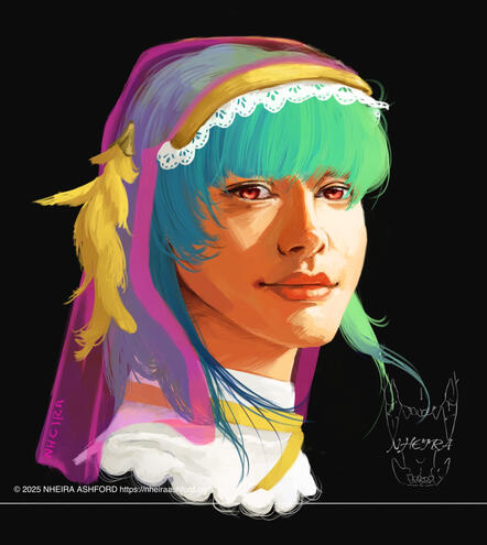 A digitally painted portrait of a girl with teal hair and a semi-transparent veil over the back of her head. She wears a simple white shirt with a yellow ribbon wrapped around her neck. That ribbon matches the feathers attached to her veil and around the v