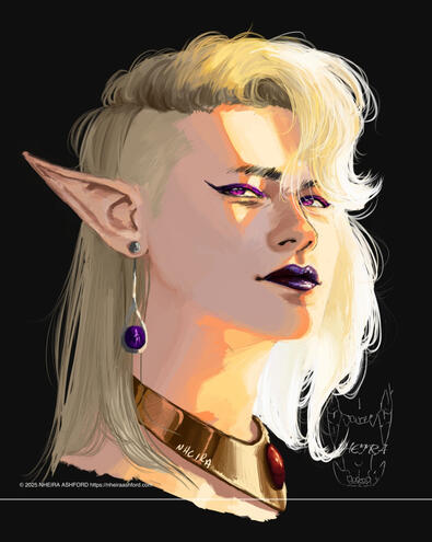 A digital portrait of a blonde haired man that has a small section of his hair shaved off. He wears dark purple iridescent lipstick and dons shiny, equally iridescent eyeshadow + eyeliner. His jewelry consists of a highly polished collar style necklace and