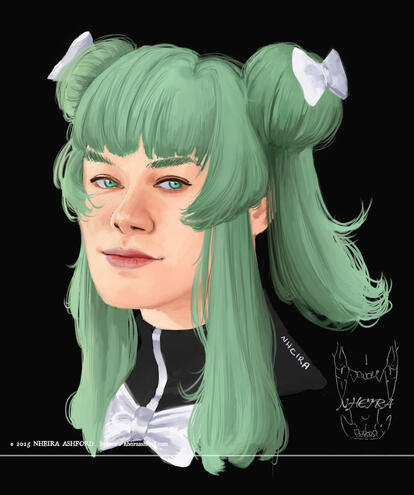 A digital painting of a female character with mint green hair. Her hair is tied up partly in buns on either side of her head with locks hanging loose from them. Her eyes are the same mint green color and appear very vibrant. The outfit she wears is black a