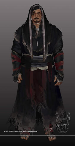 A digital painting of a man standing in a mostly relaxed position, hands at his sides. One his loosely open, the left ( viewer's right ) and the right is clenched tightly ( viewer's left ). His outfit overall is in shambles and is tattered all along the he