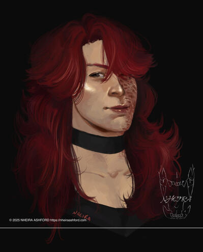 A digital drawing of a redheaded woman. Her hair is long and voluminous, covering her ears and part of her face. The left side ( viewer's right side ) of her face has scarring on it, but is only partly visible due to her position.