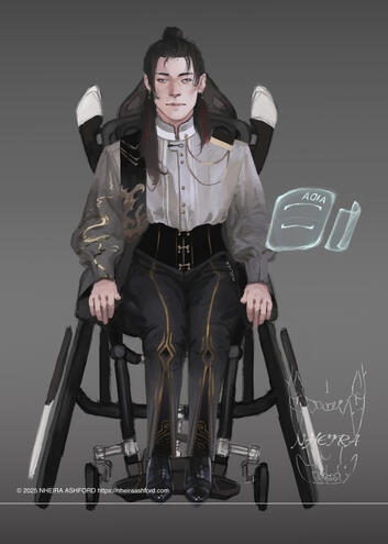 A digital painting of a man sitting in a wheelchair. He wears a high collared shirt that has gold decoration on one arm. The sleeves are gradient/ombre styled, darkening past the elbows. His trousers and corset are detailed with gold embellishments, more g