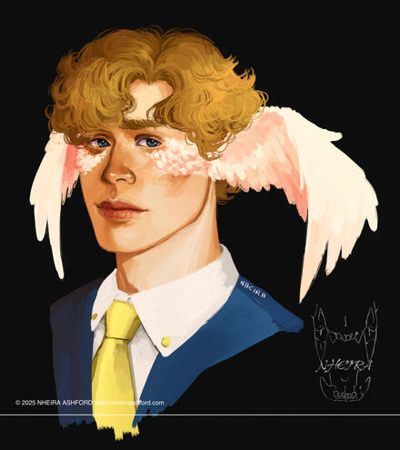 A headshot portrait of a character that has soft white wings in place of ears. He has vibrant flaxen colored hair ( a goldish yellow ). He wears a white collared shirt, pale yellow tie and dark blue vest over that. His eyes are green and have hints of blue