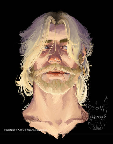 A rough portrait of a blonde character that is lit by dramatic lighting. He is partly underlit, the light catching under his nose and parts of his face that would ordinarily be cast in shadow ( if the light was the other way around ; top down or coming fro
