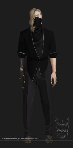 A fullbody portrait of a cyborg. This character has ashy blonde hair thats half shaven off and one lilac colored eye ( the other is sealed shut permanently ). In this image he's standing in a black shirt and trousers, wearing a jacket over that. The lower