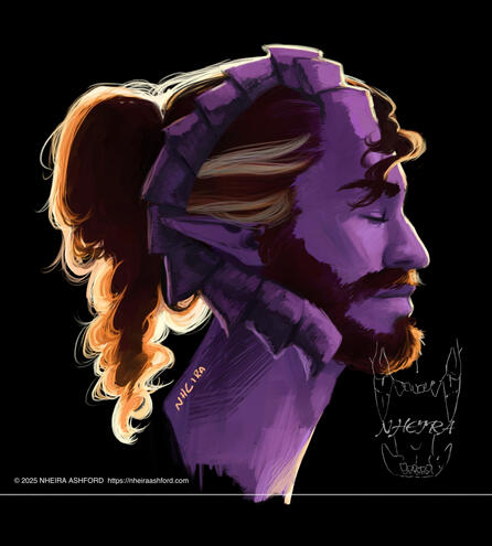 A digital painting of a light purple skinned man. He's a tiefling necromancer. His horns extend backwards and curl around his ears, ending near his jaw. His hair is a mix of dark brown and gray streaks around his temples. In this portrait, his eyes are clo