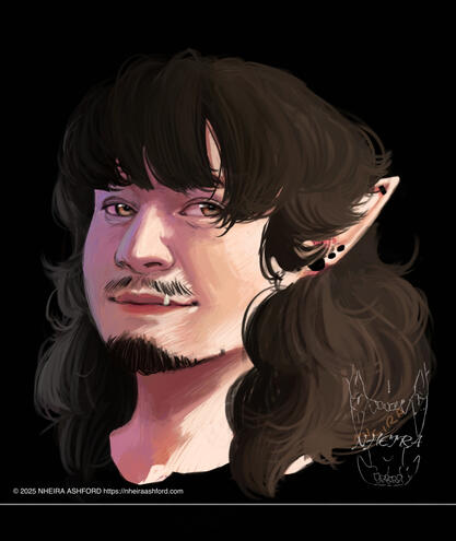 A digitally painted portrait of a werewolf man; he has amber brown eyes and dark brown hair. His hair is super fluffy and is lit on two sides; one with direct light and the other with low fill light. He has one tooth peeping up from his lower lip.
