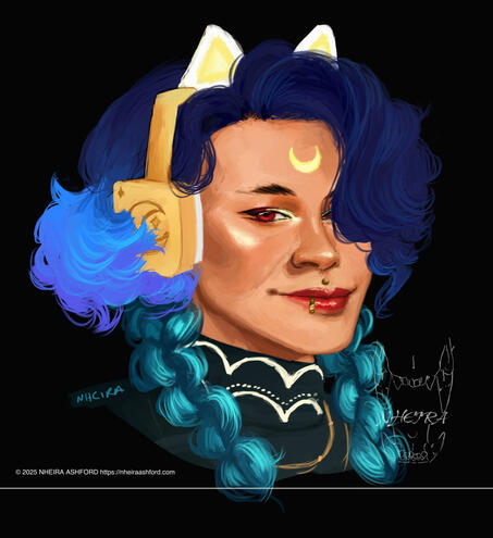 A digital painting of a person with cat-eye style eyeliner and a deep red lipgloss. They have a crescent moon upturned in the centre of their forehead. Their hair is an ombre consisting of a deep blue that fades out to a sky blue with smatterings of a soft