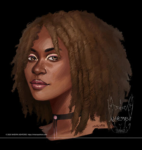A digital portrait of a POC woman. She has pastel pink eyeshadow with a rose gold bit of eyeliner in the crease of her lids. Her hair hangs loose in thick locs which frame her face. Her eyes are a bright brown with some gold tones hinted in lighter areas.