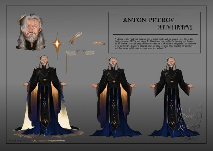 A character sheet depicting, Anton, who was originally described in his original post as follows, " A digital fullbody painting of an older man dressed in ornate robes, complete with long gray hair and half moon glasses. His color palette is mostly black a