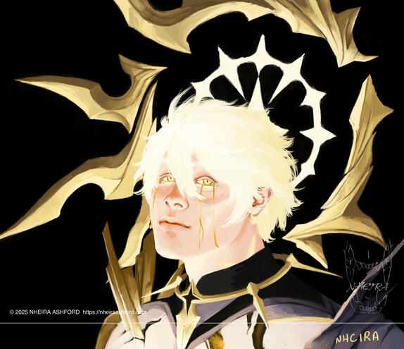 A digital portrait of Phainon ( Khaslana ) from Honkai: Star Rail. He's lit in high key lighting that sweeps across his face, illuminating it as though there's a fire lit behind his skin. His hair is a very pale gold, reminiscent of the wheat fields he men