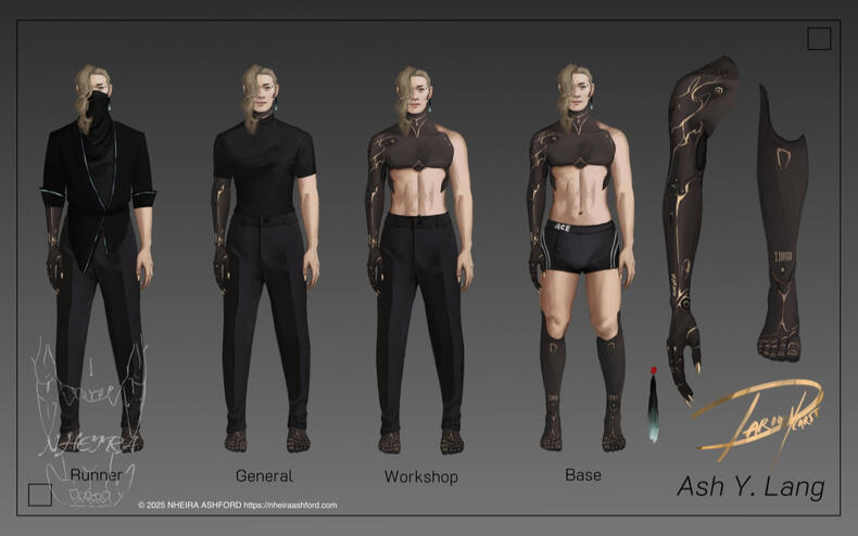 A character sheet for a cyborg character; a fully clothed version including his jacket, a second version with just his shirt and trousers, a third version with only his trousers and a fourth with him in undergarments. There are larger versions of his prost