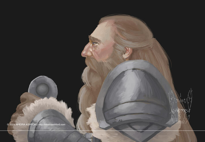 Side profile of a long haired dwarf. He's facing to the left and appears considerably red cheeked, perhaps from being out in the cold. He wears large metal vambraces and large shoulder armor with beige fur underneath. One hand is visible and he's holding a