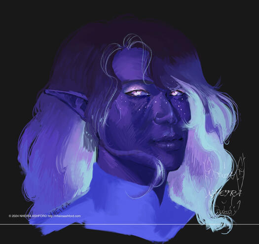 A star genasi who has a soft and sweet personality. She seems to be more maternal towards her clan-mates ( Rev + Atlas ). She has dark blue skin with star-like freckles; her hair is almost like an ombre, starting at a very dark blue and fading out to brigh