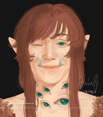 Character depicted is Olyn! He has multiple eyes that are all the same color green; a bright green that looks like a high saturated jade. He has long hair with slightly swept bangs and pointed ears. He's smiling with two large teeth popping out from the bo