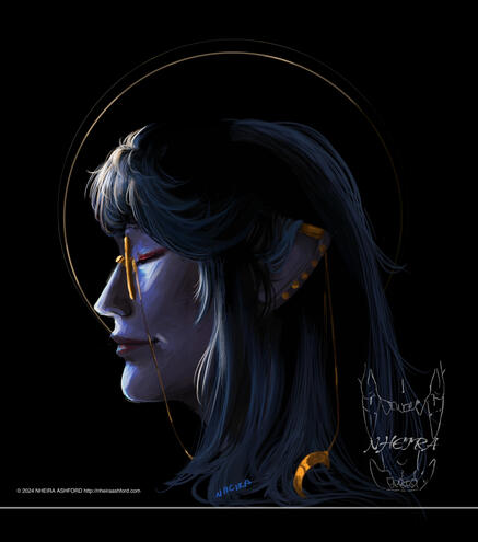A side profile headshot of a character lit in cooler colors and tones. The character has long black hair and large draconic ears; he's facing in a side profile. He wears makeup consisting of red eyeliner and lipstick.