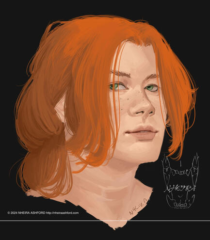 Portrait of a redheaded lady with light green eyes and freckles. She is looking slightly towards the viewer, posed at a 3/4th angle.