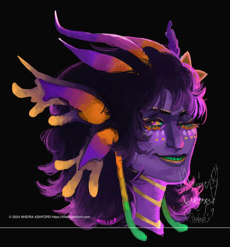 A headshot of a green toothed, smiling fae. They have a dark shade of purple for their skin and bright colorations around their twin ( they have two on each side ) ears; oranges, magentas, purples. Their hair is a very dark purple with some lighter ends in