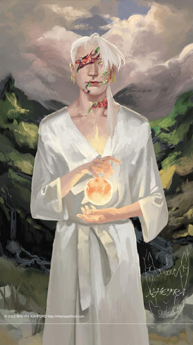 Painting of a character with light colored hair and stars on his face, a glow centered in his chest. He wears a super low cut white silk shirt, his hair hanging along one side of his neck. He wears four earrings and a cuff on his right ear. Behind him is a