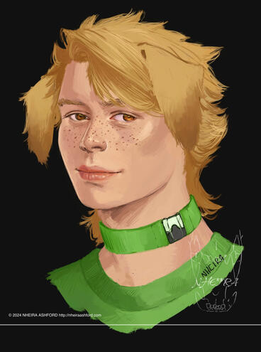 Portrait of a blonde boy with freckles; he has golden retriever-like ears and wears a neon green collar, with a shirt that matches. He has light brown/amber eyes.