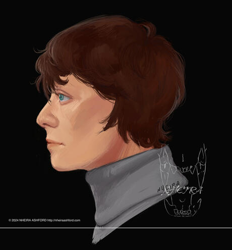 A portrait of a young individual that is pictured in a side profile, facing his right ( viewer's left ). He has dark brown hair, light green eyes and a light skintone. he wears a gray turtleneck shirt that comes right up to his chin. He has a focused expre