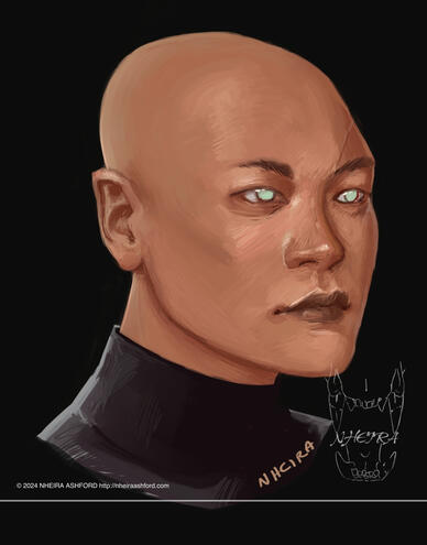 A digitally painted portrait of a character that is posed in the 3/4th profile. They are light more from behind/the side, most of the light hitting the right side ( our left ) of their face. They have bright green eyes and tanned skin with a warm undertone