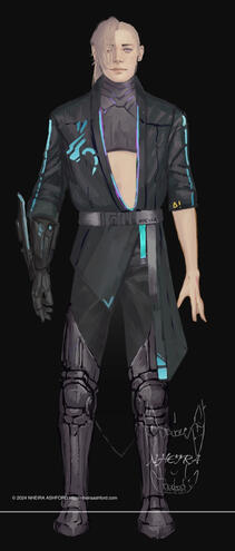 Ash Lang's third concept design. This current designs pull more from futuristic / mode clothing styles. More streamlined and fitted to the body. Here, he has two robotic legs that are more visible than in the previous design, his right arm ( viewer's left