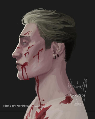 A digital painting of a character facing the right ( our left ). He has dark blonde hair that is swept back and there is blood spattered on his face ( and clothes ). He wears an off-white shirt.