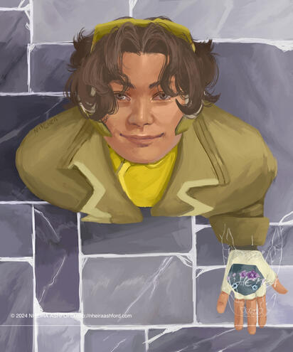 A rendered portrait of venture from overwatch. they are looking up at the viewer ( the camera, so to speak ) at a top-down view ( camera facing down directly overhead ). They are holding their pet rock ( Rosetta ).