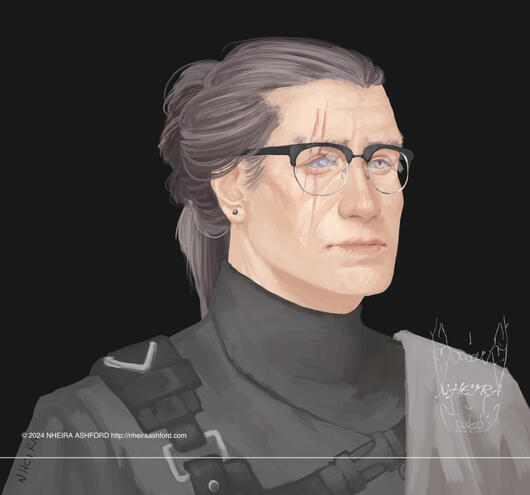 Illustration of an older character with salt and pepper hair that is tied back. He wears non-branded glasses that look like an average pair of RayBans. Twin scars run through his right eye ( our left ) and that eye is a milky white, whereas his right is a