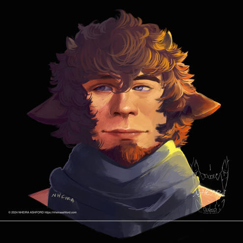 A digitally painted portrait of a Satyr/demon character wearing an oversized scarf. He is lit in a mix of side/split lighting, but very gradual in some areas and subtle. his hair is short and curly, tickling his jaw. he has a short beard and thick brows.