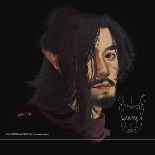 A finished, rough portrait of a man with sharp pointed ears ( elf like ) and long hair. he has both a short beard and moustache. on the right side of his face ( his left ), he has a visible scar.