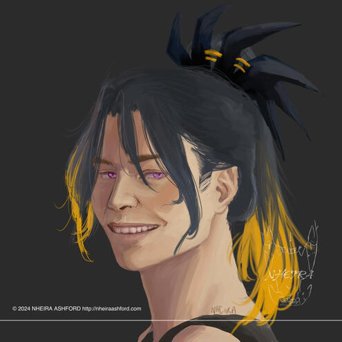 Portrait of a character positioned in a side profile with his head in a 3/4th angle. He has black and gold hair with a spiked ornament in his ponytail. He has an open mouthed, toothy smile and is it from behind ( his behind, not the viewer! )