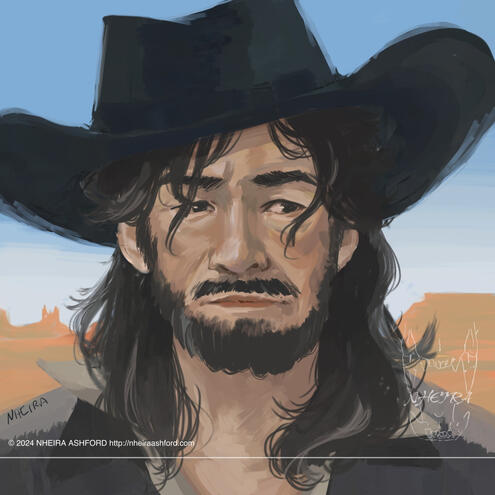 a rough oil painting styled portrait of gallows, a western themed character who is owned by qinwah. This character wears a black cowboy hat and sandy gray shirt; he is back lit by the desert behind him.