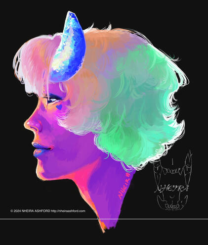 A neon pink incubus ( demon ) lit with golden and neon pink lighting. He has silvery gray hair that is partly rendered and a horn-like protrusion extending from his temple out to the side ( it used to be part of a halo ). This character wears dark blue mak