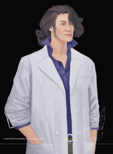 This character is facing the right ( his left ). He is Professor Sycamore from Pokemon. He's wearing a traditional style labcoat with his signature violet collared shirt. Judging by his expression, he sees something that either makes him happy or content o