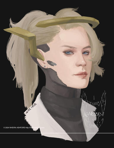 Mercy from Overwatch. She is depicted in a design that sits in the middle of her original character design and her new one for OW2. Her hair is up in a ponytail and her halo is fully visible. She is wearing a regular lab coat, a nod to her role as healer/s