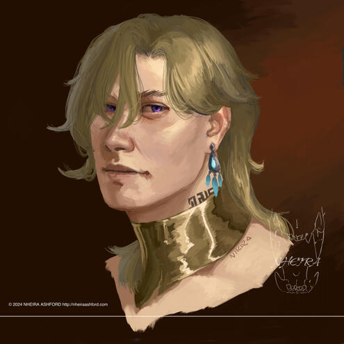 A portrait of Aventurine/Kakavasha from Honkai Star Rail. This is a portrait study + fanart 1-2 combo. He wears a highly polished gold collar, lacking his usual glasses that he's sometimes seen in. His eyes are darker than the usual neon.