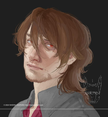 Portrait of Gallagher from Honkai Star Rail. He is looking towards the viewer with his head tilted, Apositioned at a 3/4th angle. He’s lit with somewhat dramatic lighting, touting a tired expression.