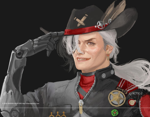 A portrait of Boothill from Honkai Star Rail. He is currently an unreleased character and thus his portrayal may not end up being 100%. He is looking at the viewer, posed at a 3/4th profile.- Cyborg cowboy tipping his hat at the viewer with a sharp toothed