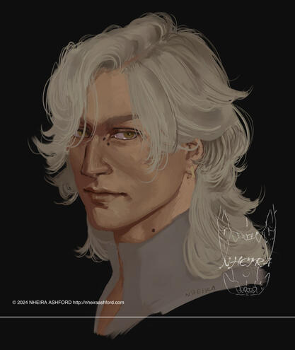 A portrait of a man looking directly at the viewer at a 3/4th profile. He has long wavy sandy blonde hair and has a serious expression. His skin is a rich caramel shade and in this image, his eyes look like they're an olive green, bhut are in reality a gol