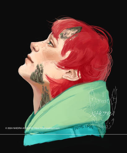 An illustration of a character in a side profile. This character has a head of bright red hair and bright green eyes to match. They wear a turquoise and pastel green hoodie with the hood down. On their face and temple, they have bark covering their skin. T