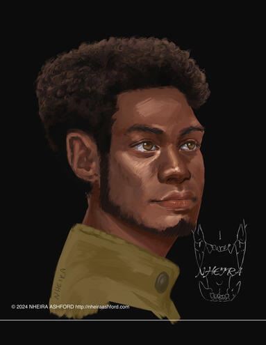 A portrait of a man looking ahead, head positioned at the 3/4th angle while his body is in a complete side profile ( shoulders / neck ). His hair is highly textured, giving it a more three dimensional feel. He is lit in high / broad lighting, although the