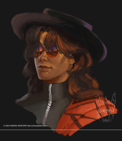 Portrait of a character with long wavy black hair thats tinted orange, along with caramel colored skin that's also tinted orange. He wears a flat topped black hat. He wears circular sunglasses that reflect a sunset.