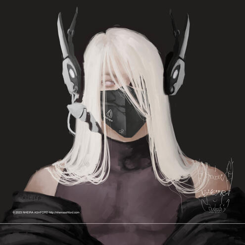 A digital painting of a character that is front facing. He wears a half face mask that covers the lower portion of his face. His long platinum blonde hair hides some of his face and mask. Around his head is a headset that looks like it came out of Tron or